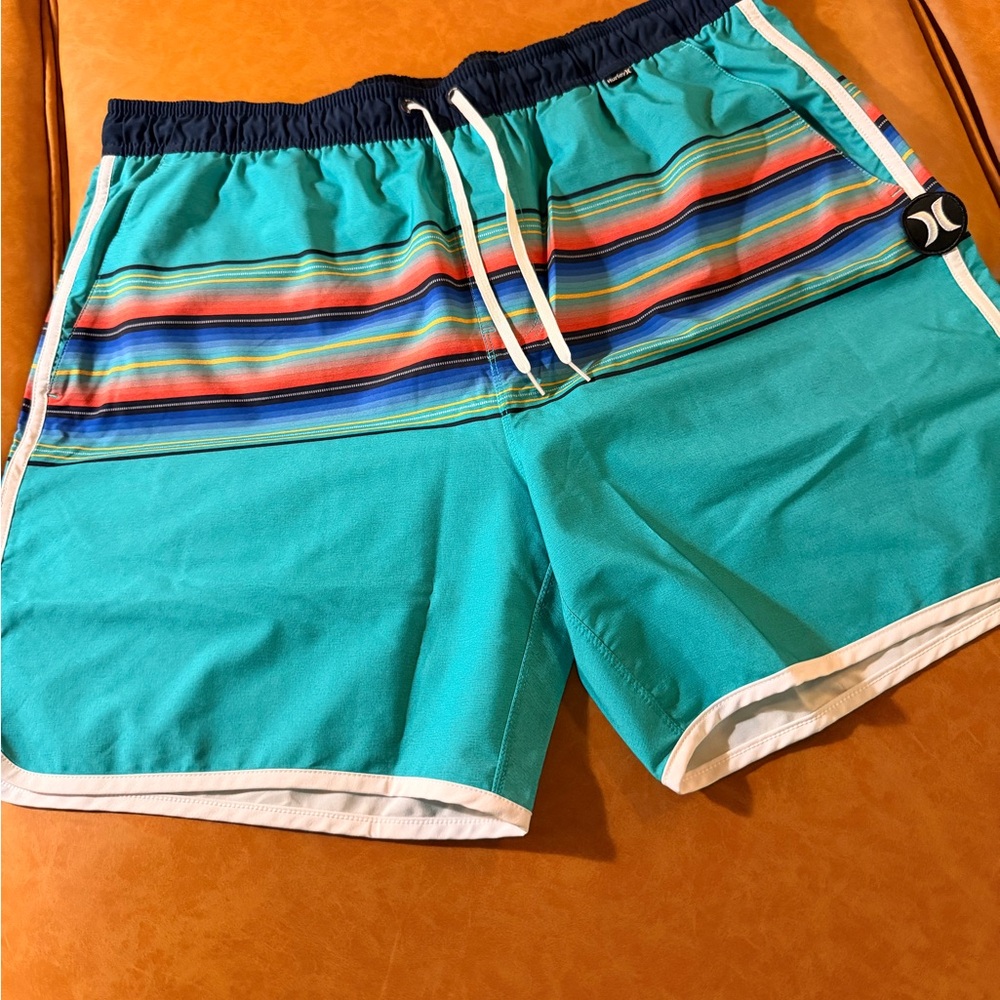 Hurley Teal Swim Shorts with Multicolor Stripes